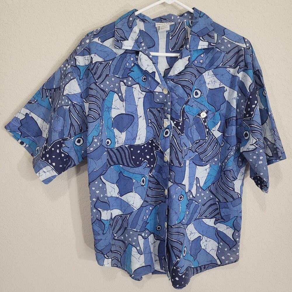 VTG Shirt Laura Mae Women M Blue Short Sleeve Novelty Print Summer Beach 80s 90s